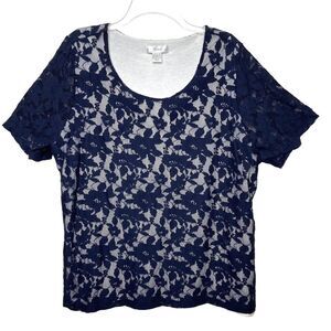 CJ Banks Lace Crochet Short Sleeve Blouse Top Navy Blue Size 1X
